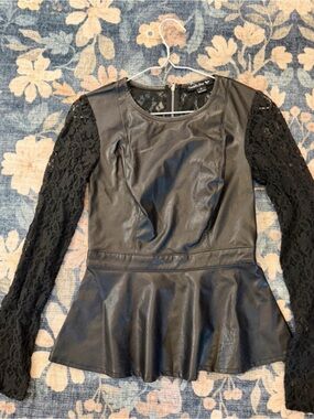 Double Zero Black Faux Leather Top with Lace Trim